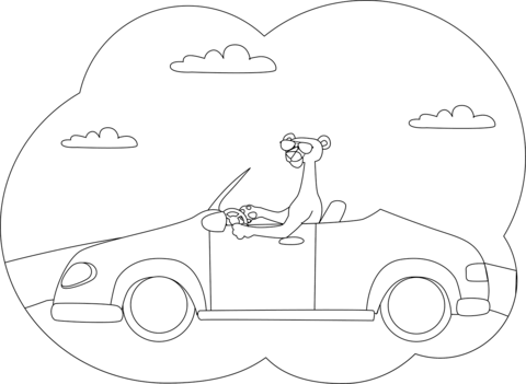 Panther Driving A Convertible Car Coloring Page